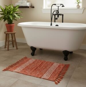 Woven Boho Bath Mat Terracotta Orange Tribal Diamond Pattern Accent Rug Tassels